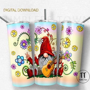 Gnome tumbler wrap , gnomes sublimation tumbler design png . Seamless. Funny gnome with guitar and flowers. Instant download.