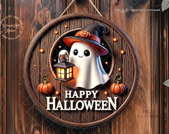 Halloween Ghost Wreath Sign, Round Door Hanger (Digital Download)