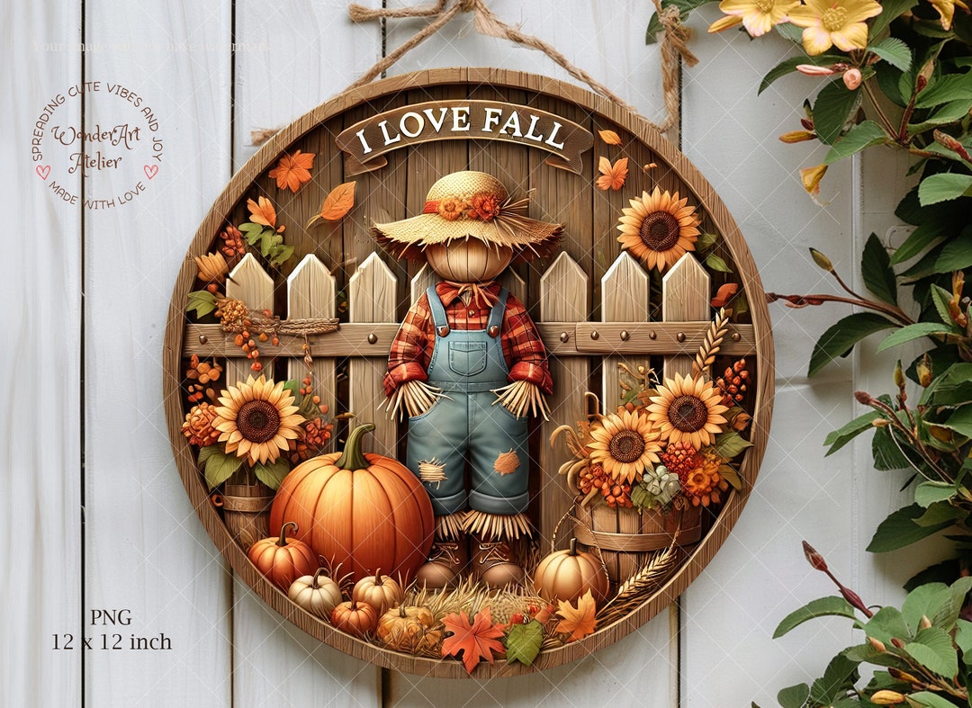 Scarecrow Fall Door Hanger PNG: Round Wreath Sign (digital Download) - Etsy