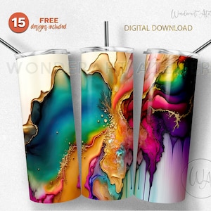 Alcohol Ink sublimation tumbler design png, tumbler wrap png . Rainbow colors and gold. Digital download.