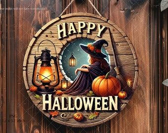 Halloween Witch Door Hanger PNG: Pumpkin Wreath Sign (Digital Download)