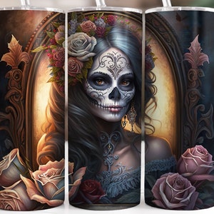 Diseño de vaso para el Día de los Muertos, envoltura para vaso con sublimación de Catrina, PNG. Catrina con rosas rosadas. Descarga instantánea.