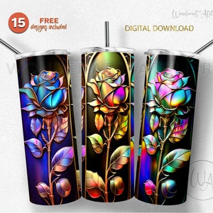 Fantasy Rosen Tumbler Wrap png, Sublimationsbecher Design png. Rosen in Gold und Regenbogen. Digitaler Download.