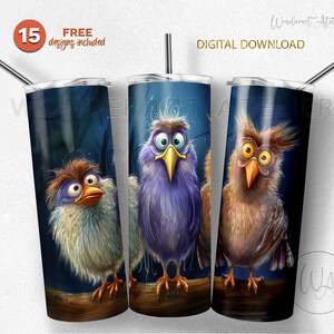 Divertidos pájaros vaso envolver png, diseño de vaso de sublimación png para niños.  Animales lindos y felices. Descarga digital .