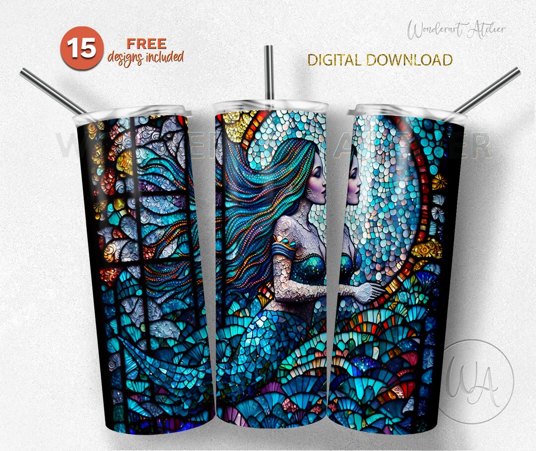 Stained Glass Mermaid Tumbler PNG: Blue Sublimation Design (digital ...