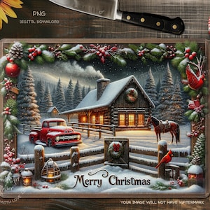 Julskärbräda med sublimeringsdesign png - Köksdekoration, Röd lastbil, snöig vinter. Digital nedladdning.