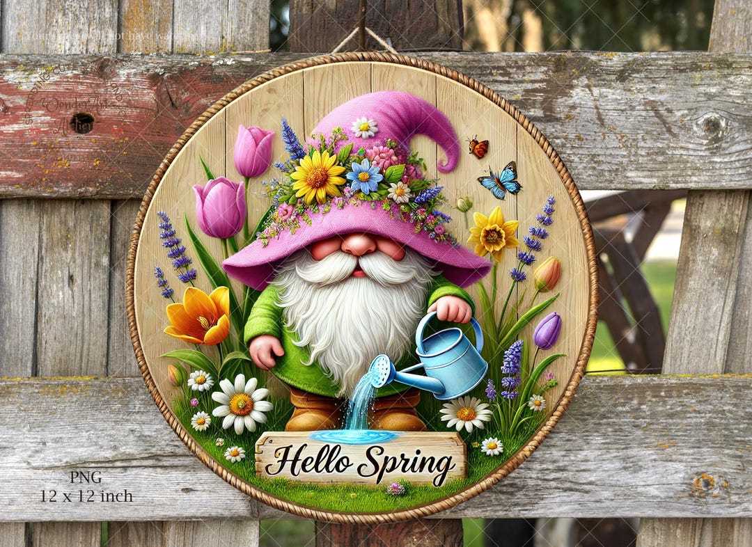 Gnome Spring Wreath Sign PNG: Round Door Hanger Sublimation Design ...