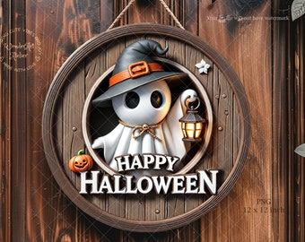 Ghost Halloween Wreath Sign, Witch Hat Pumpkin Lantern PNG (Digital Download)