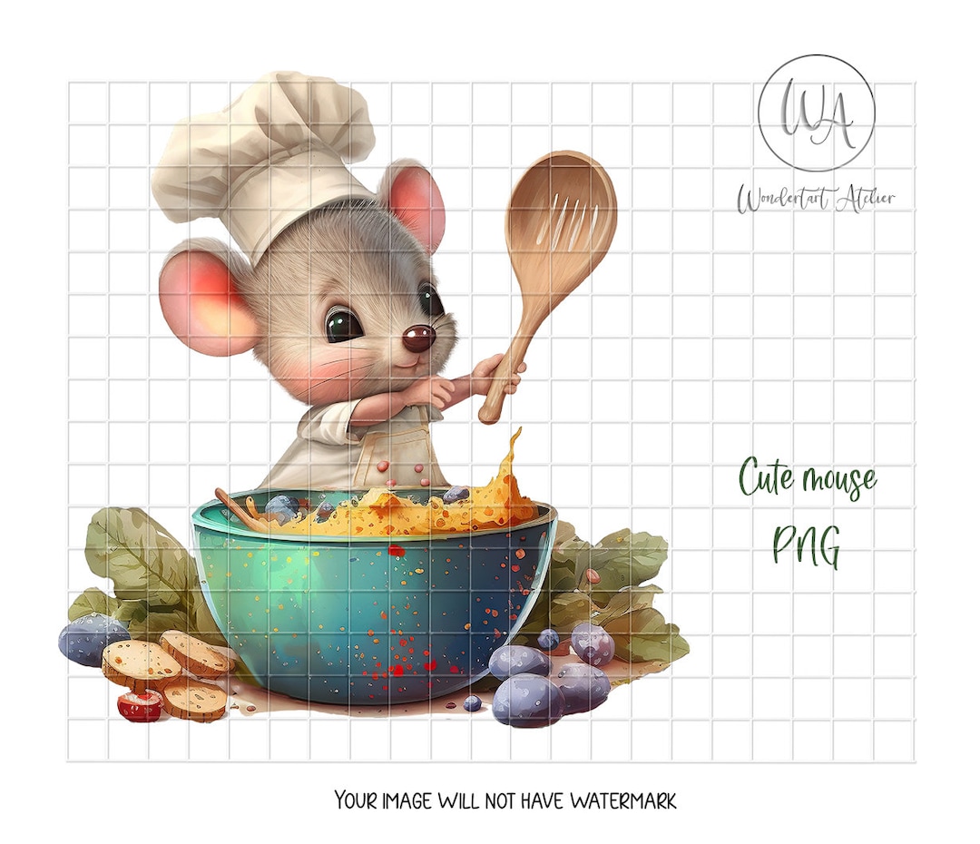 Cute Mouse Chef Clipart PNG. Watercolor. Cute Baby Mouse Cooking