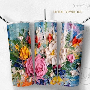 Floral painting 20 Oz Skinny Tumbler Design , Tumbler Sublimation PNG , Paintbrush Strokes, Digital Download
