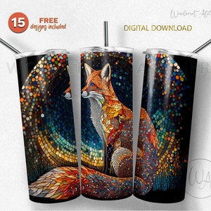 Stained glass fox tumbler desing png, sublimation tumbler wrap png . Digital download.