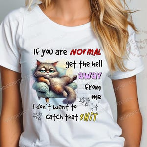May include: White t-shirt featuring a grumpy cat illustration lounging on a small armchair. The shirt has the text "If you are NORMAL get the hell away from me I don't want to catch that SHIT".