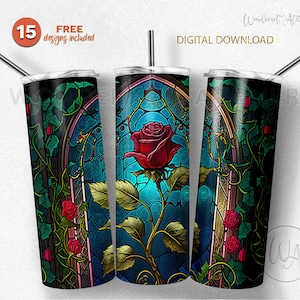 Stained glass rose sublimation tumbler wrap png, tumbler design png . Enchanted rose. Digital download.