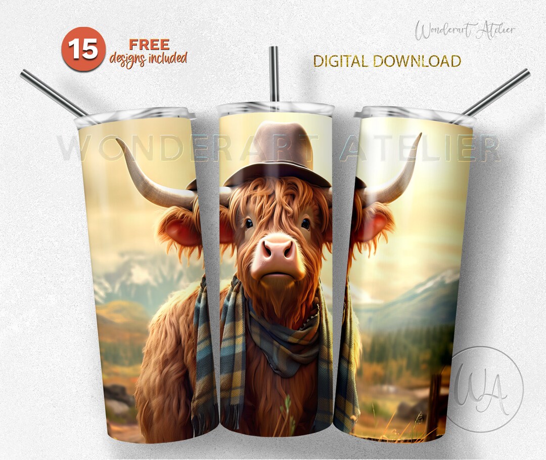 Highland Cow Cowboy 20 Oz Skinny Tumbler PNG Sublimation Design ...