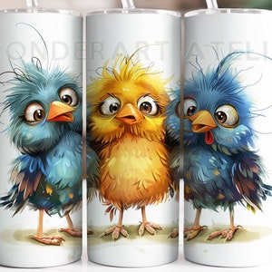 Envoltura para vaso con diseño de pájaros locos, diseño de vaso sublimado en formato PNG para niños. Pájaros y animales divertidos. Descarga digital.