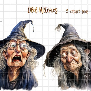 Charming old witches, 2 PNG clipart . Halloween. Watercolor. Sublimation, Scrapbooking.  Instant download.