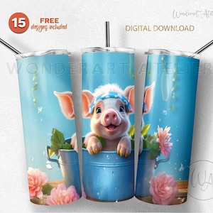 May include: A digital download design for a tumbler featuring a cute cartoon pig wearing a blue bandana and sitting in a blue bucket. The background is a light blue with pink flowers and confetti.