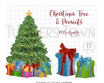 Christmas tree PNG clipart. Presents png clipart. Watercolor. Instant download.