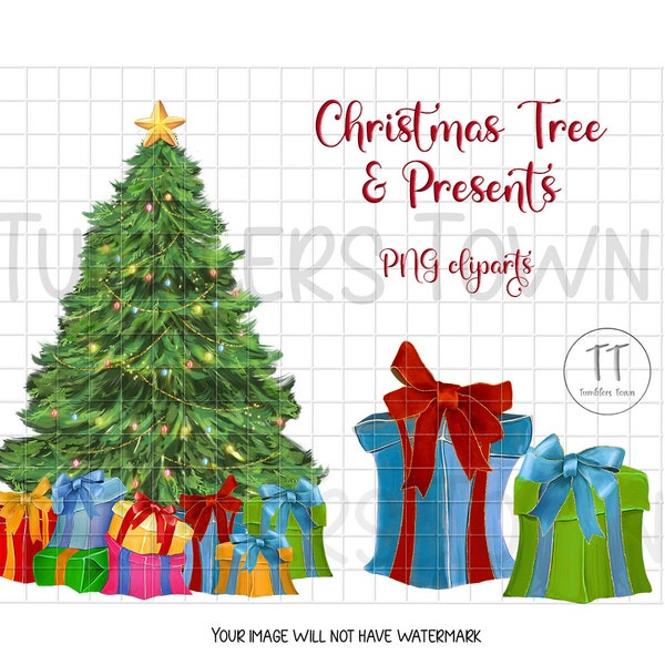 Christmas tree PNG clipart. Presents png clipart. Watercolor. Instant download.