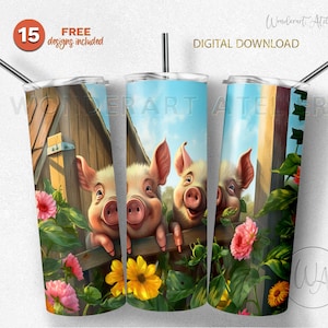 Envoltura de vaso con cerditos adorables, diseño de sublimación para niños. Animales de granja. Descarga digital.