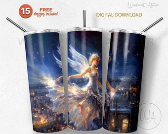 May include: Three stainless steel tumblers with a celestial design featuring a fairy with wings over a city at night. The tumblers have a straw and the text "DIGITAL DOWNLOAD" and "15 FREE designs included".