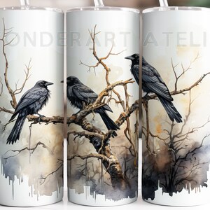 May include: Three black crows perched on bare branches in a watercolor style. The background is a soft, muted brown and gray with a white drip effect at the bottom.