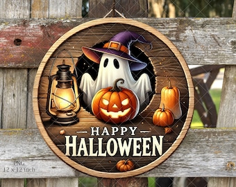 Halloween Door Hanger PNG: Ghost & Pumpkin Round Sign (Digital Download)