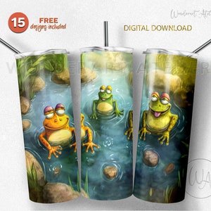 Funny frogs tumbler wrap png, sublimation tumbler design png for kids.  Cute and happy animals in the water. Digital download .