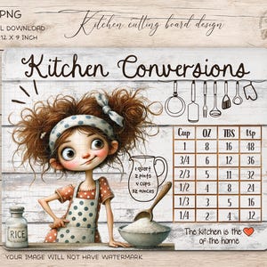 Cute Kitchen Conversions Chart PNG, Digital Cutting Board Design, Funny Cooking Helper, Rustic Printable for Kitchen Decor Digital Download.