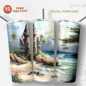 Castle in the beach tumbler wrap png, sublimation tumbler desing png . Digital download .