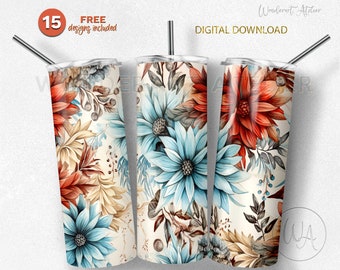 Floral 20 Oz Skinny Tumbler Wrap , Sublimation Design PNG  Boho Flowers, Digital Download