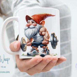 May include: White ceramic mug with a colorful illustration of a cartoon gnome lifting weights. The gnome is wearing a red hat, a white tank top with the word "GRUNT" on it, blue shorts, and red and white sneakers. The gnome is lifting a barbell with two silver weight plates.