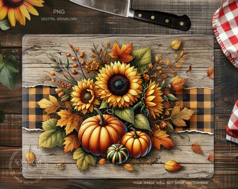 May include: A glass cutting board with a rustic wood background and a checkered border. A bouquet of sunflowers, fall leaves, and pumpkins are arranged in the center of the board.
