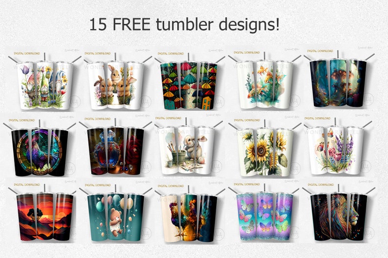 Pu&ograve; includere: Una collezione di 15 design di bicchieri gratuiti. I design presentano una variet&agrave; di temi, tra cui animali, natura e arte astratta. Ogni design &egrave; mostrato su un bicchiere bianco.