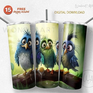 Lindos y divertidos pájaros envoltorios para vasos PNG, diseño de vasos de sublimación PNG para niños. Animales divertidos. Descarga digital.