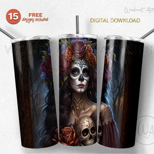 Day of the dead tumbler wrap png, Catrina sublimation tumbler design png . Catrina with skull. Instant download .
