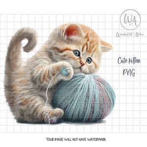 Niedliches Kätzchen Clipart. Aquarell. Baby Katze spielt mit Wollknäuel. Sofortiger Download.