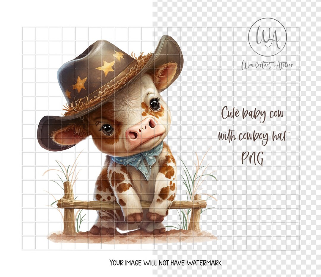 Cute Baby Cow Wearing Cowboy Hat. Clipart PNG. Watercolor. Animal Farm