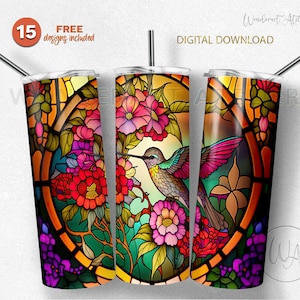 Stained glass hummingbirds tumbler wrap png, sublimation tumbler desing png . Birds and pink flowers. Digital download.