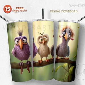 Diseño de vaso de pájaros divertidos png, envoltura de vaso de sublimación png.  Animales divertidos. Descarga digital .