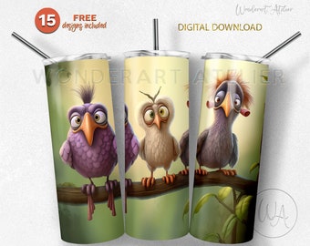 Funny Birds Tumbler Design: Sublimation Wrap PNG (Digital Download)