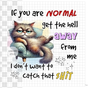 May include: Digital art print featuring a grumpy cat lounging on a small armchair. The image includes text that reads "If you are NORMAL get the hell away from me. I don't want to catch that SHIT."