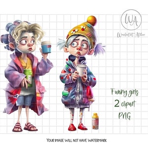 Funny girls clipart PNG. Funny girls drinking coffee. 2 clipart. Instant download.