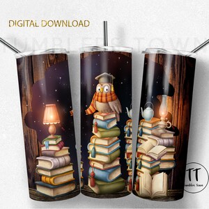 Owl and books tumbler wrap , sublimation tumbler design png . Gift for books lover, teacher, graduated . Instant download Seamless