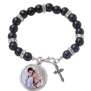 Rosary Bracelet, Custom Photo Bracelet, Cross Charm, First Communion Gift, Memorial Gift