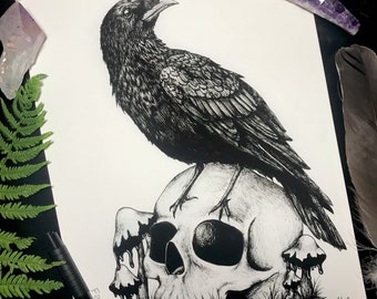 Raven on skull gothic art print