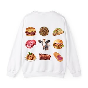 Design de sublimação para amantes de carne bovina, PNG de frango, bife, almôndegas, hambúrguer, vaca, hambúrguer, taco, costelas, DTF, direto no tecido, design de suéter