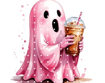 Caffeinated Pink Ghost Design: Spooky Iced Coffee PNG JPG (Digital Download