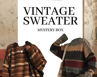 May include: Image featuring two vintage sweaters. One is brown with horizontal stripes, the other is a mix of colors including gray, burgundy, and tan. The text "VINTAGE SWEATER MYSTERY BOX" is displayed on a white background.