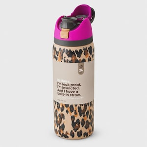 May include: A leopard print water bottle with a magenta and dark gray lid featuring a flip-top straw. The label reads: Hi there. I'm leak proof. I'm insulated. And I have a built-in straw. It also displays a 24-hour icon and 24 oz (710 mL) text.